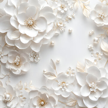 Luxury White 3D Paper Flower Background with Pearl Accents and Elegant Copy Space
