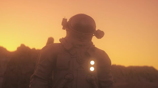 Cinematic Astronaut Standing on Alien Desert Planet at Golden Sunset