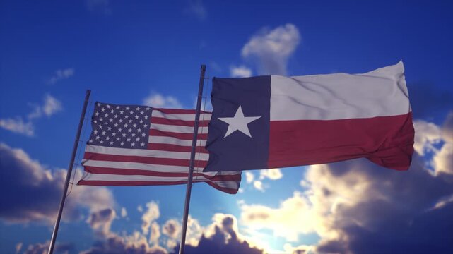 American and Texas Flags Waving Against Dramatic Blue Sky