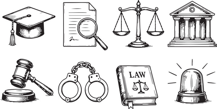 Hand drawn law and legal justice icons set on a white background Vector