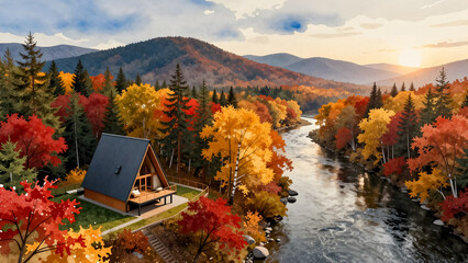 Obraz premium A frame cabin in vibrant autumn forest by a river at sunset illustration