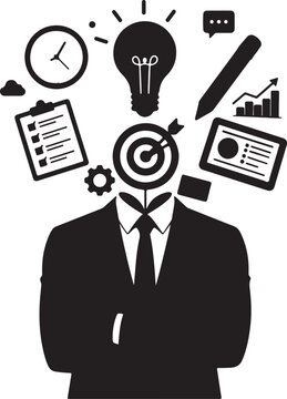 Businessman with target head and business icons isolated on white Vector