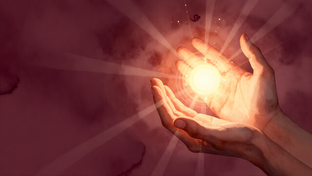 Cupped hands holding a glowing radiant orb of light illustration