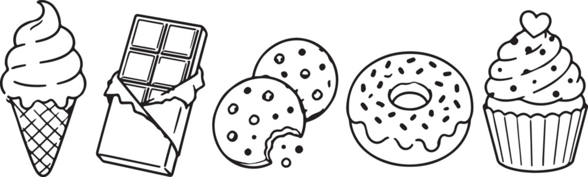Black and white line art set of sweet dessert snacks and treats Vector