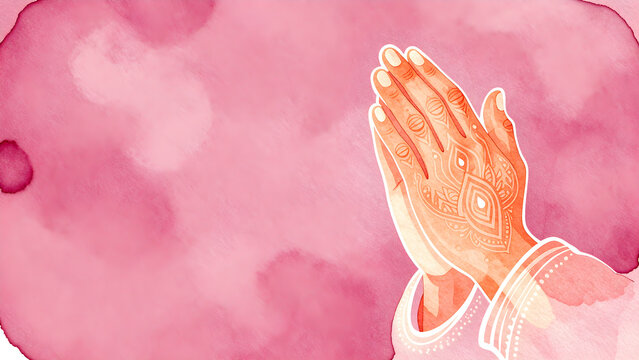 Hands in prayer position with henna design watercolor illustration