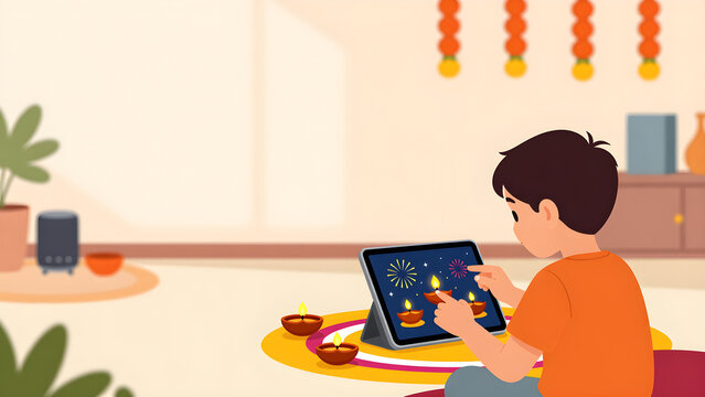 Indian boy playing Diwali game on tablet flat vector illustration