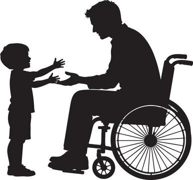 Silhouette of a father in a wheelchair reaching out to his small son Vector