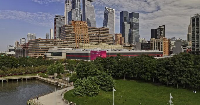 NYC New York Aerial v441 drone flyover Hudson river across waterfront parks capturing Chelsea and Hudson Yards Midtown Manhattan cityscape on the skyline - Shot with Mavic 3 Pro Cine - September 2023
