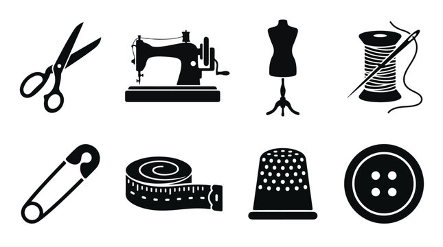 Vintage sewing icons set, black silhouette tailoring equipment vector, professional dressmaker tools and needlework accessories for fashion design