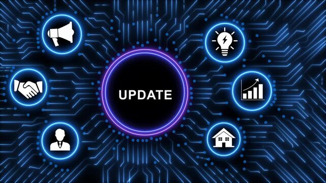 Digital transformation concept featuring glowing update text surrounded by futuristic circuit board patterns and animated business representing innovation, growth, strategy, and global connectivity