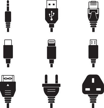 Set of various electronic cable plugs and power connectors icons Vector