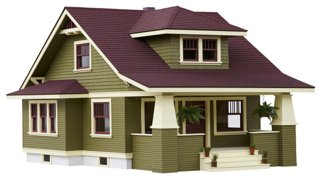 Craftsman style house with green siding and burgundy roof, isolated on transparent background