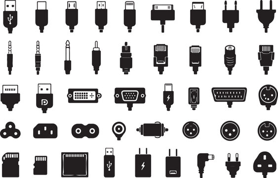 Set of various black electronic cable connectors and power plugs icons Vector