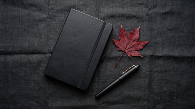 Black Notebook and Pen With Red Maple Leaf Flat Lay