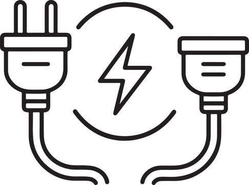 Black line icon of electrical power plug and socket with lightning bolt Vector
