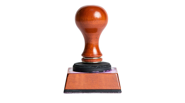 Wooden rubber stamp with black rubber pad, isolated on transparent background