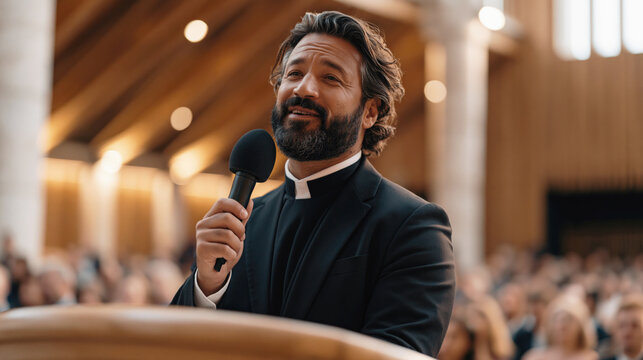 A priest speaks into a microphone at a church podium before a blurred congregation in warm light.