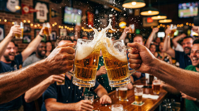 Friends clink beer mugs together in busy bar, people celebrate with excitement and laughter. Warm lighting, wooden bar top, and lively crowd. Concept of hospitality, nightlife, social gatherings