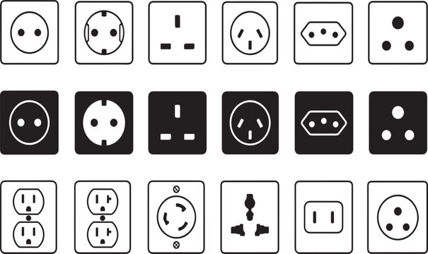 Electrical outlet icons, socket symbols, power plug signs, black and white