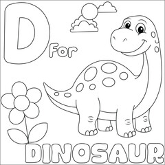 Naklejka premium Colorful illustration of a smiling dinosaur standing next to a flower under sunny sky for kids learning alphabet