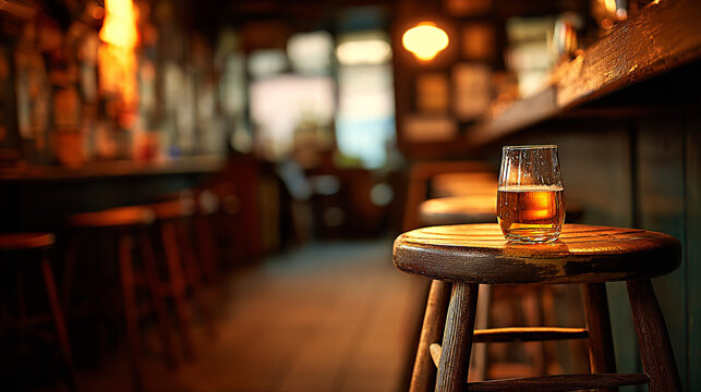 Glass of amber beer resting on a wooden stool inside a cozy bar with dim lighting and rustic decor in the background