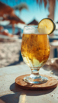 Glass of golden beer with lime slice on wooden coaster, beach setting with blurred palm trees and umbrellas in the background under clear blue sky