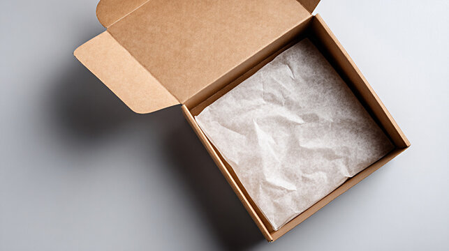 Open cardboard box with crumpled tissue paper inside, positioned on a smooth gray surface, showcasing a minimalist packaging design suitable for various products