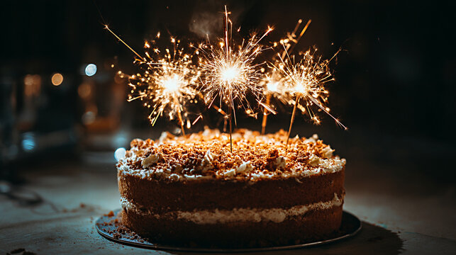 Chocolate cake with sparklers on top, decorated with crumbs and cream, placed on a dark table with blurred lights in the background creating a festive atmosphere