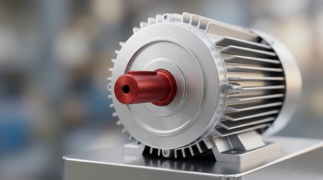 Industrial electric motor with a metallic silver casing and a vibrant red shaft end, sitting on a clean metal surface with a blurred background
