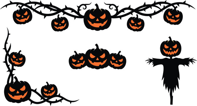 Halloween vector set with scary pumpkins, thorny vine borders, spooky scarecrow and decorative holiday frame design elements