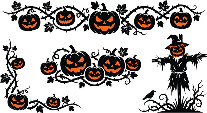 Halloween border set with spooky pumpkins and scarecrow, vector illustration featuring jackolanterns, thorny vines, leaves for seasonal decorations