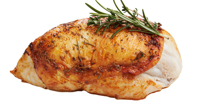 Golden roasted chicken breast with rosemary sprigs, isolated on transparent background
