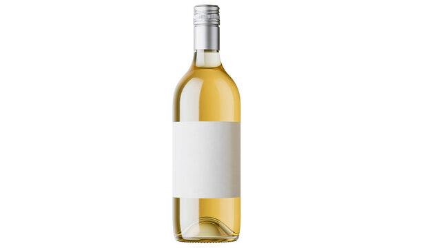 Clear glass bottle filled with golden white wine blank label, isolated on transparent background