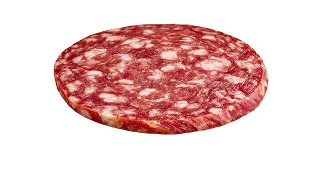 Round salami slice with marbled fat and lean meat, isolated on transparent background