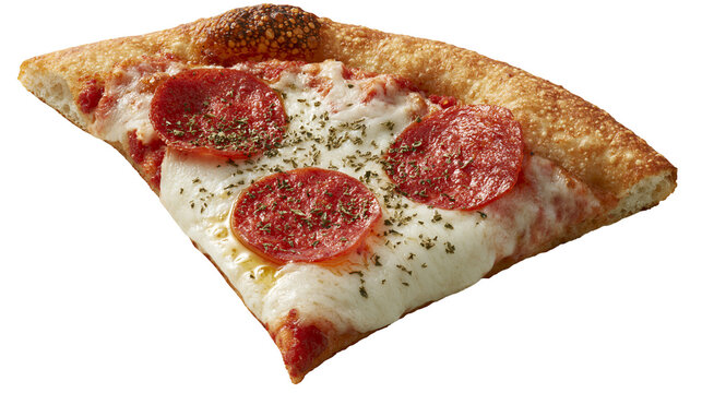 Pepperoni pizza slice with melted mozzarella cheese and herbs, isolated on transparent background