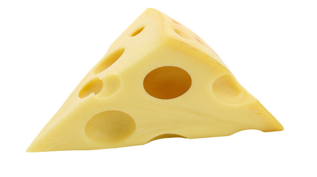 Triangular wedge of Swiss cheese with large holes, isolated on transparent background