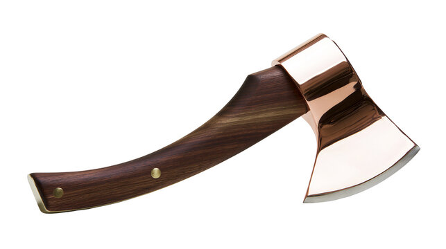 Polished copper axe head with dark wood handle, isolated on transparent background