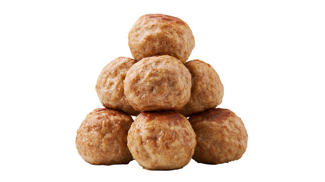 Stack of seven golden brown cooked meatballs, isolated on transparent background