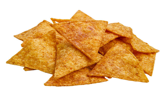 Crispy golden corn tortilla chips, piled high and isolated on transparent background
