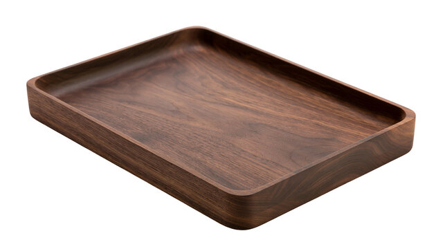Rectangular dark walnut wood serving tray with rounded corners, isolated on transparent background