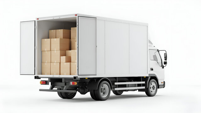 Delivery truck with open rear doors filled with cardboard boxes during daytime logistics