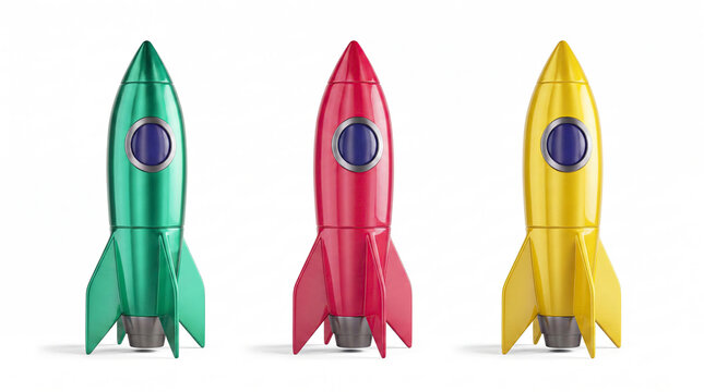 Three shiny toy retro space rockets with blue portholes standing vertically in a row including one metallic green one red and one yellow model in a detailed 3D render