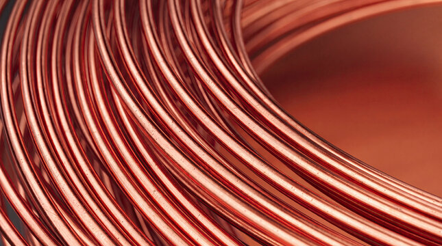 Close up of a large coil of shiny thick copper wire showing detailed curved parallel lines of polished red metal with bright light reflections