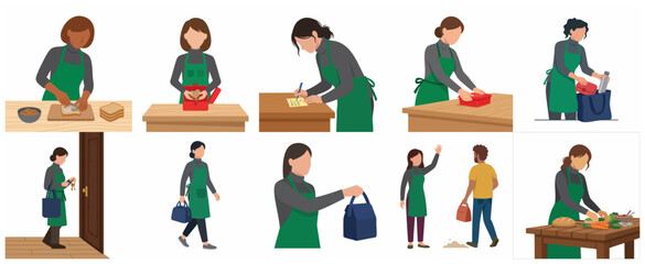 Woman in Green Apron Preparing, Packing, and Delivering Healthy Lunch Boxes Illustration Set