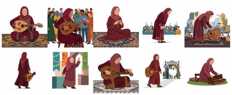 Collection of flat vector illustrations of a Muslim woman musician playing the oud lute at a folk festival