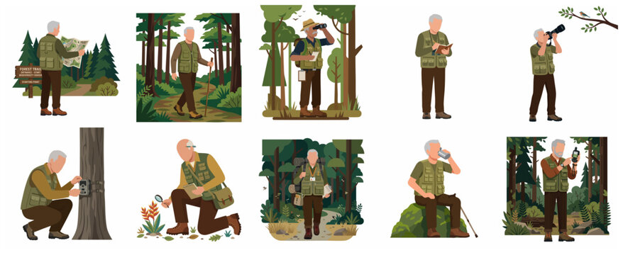 Senior Biologist and Forest Researcher Character Set Illustration for Wildlife Study, Hiking, and Nature Exploration