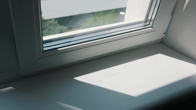 A close-up view of a modern white uPVC window frame and empty windowsill indoors. Bright natural sunlight streams through the double-glazed glass, casting a sharp geometric shadow.