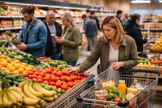 Woman shopping for fresh produce. Woman selects fresh vegetables and fruit in a modern supermarket, representing healthy food choices, grocery shopping, and everyday consumer lifestyle.