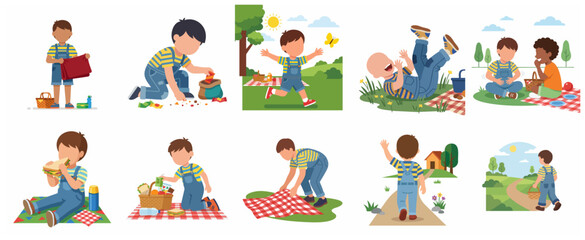 Fototapeta premium Vector illustration set of a young boy enjoying various picnic activities in the park, including eating, playing, and packing food