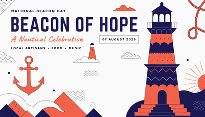 Flat design poster featuring a lighthouse for national beacon day © vectyx2